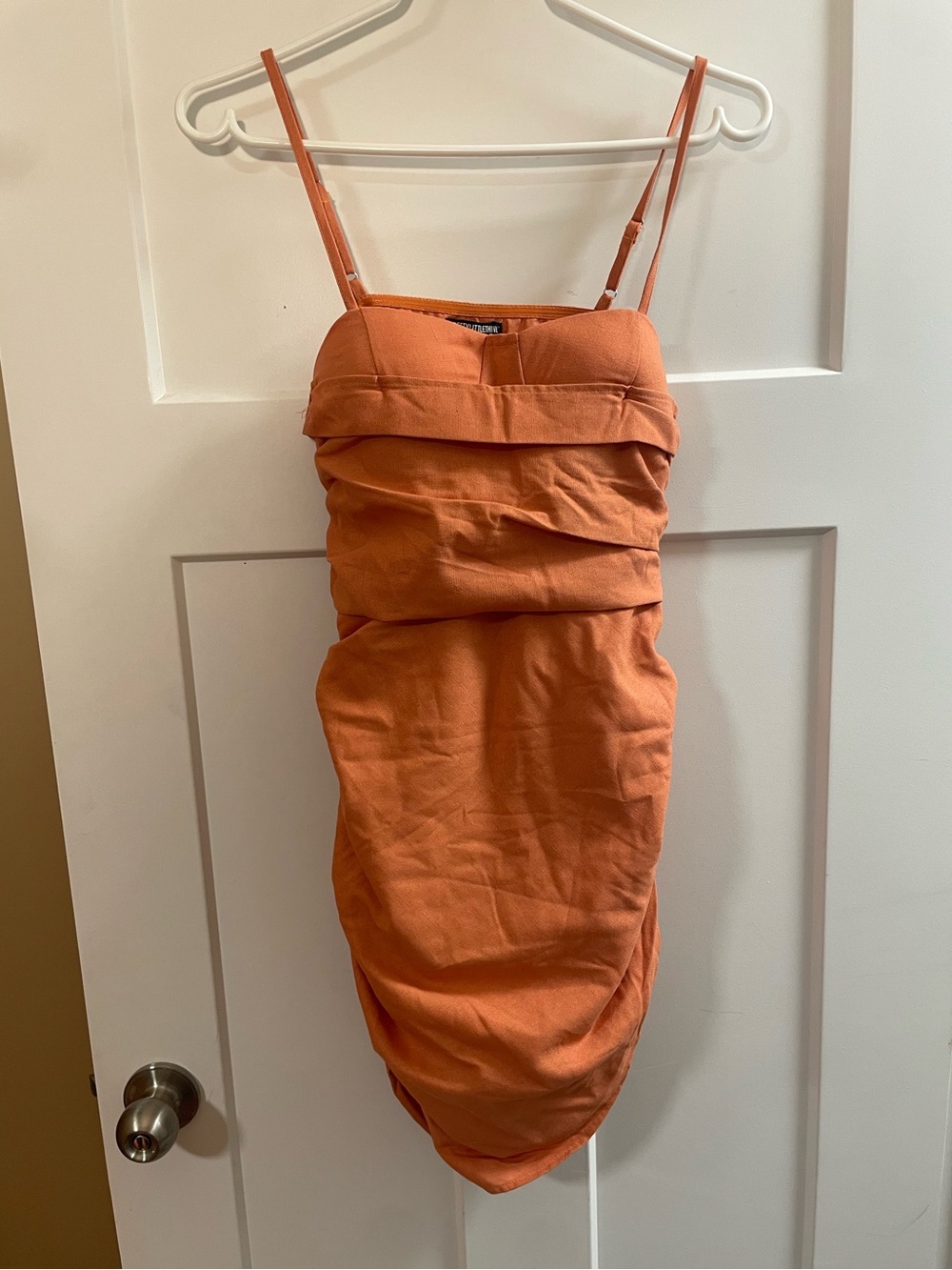 PrettyLittleThing Petite Clay Linen Look Ruched Mini Dress.